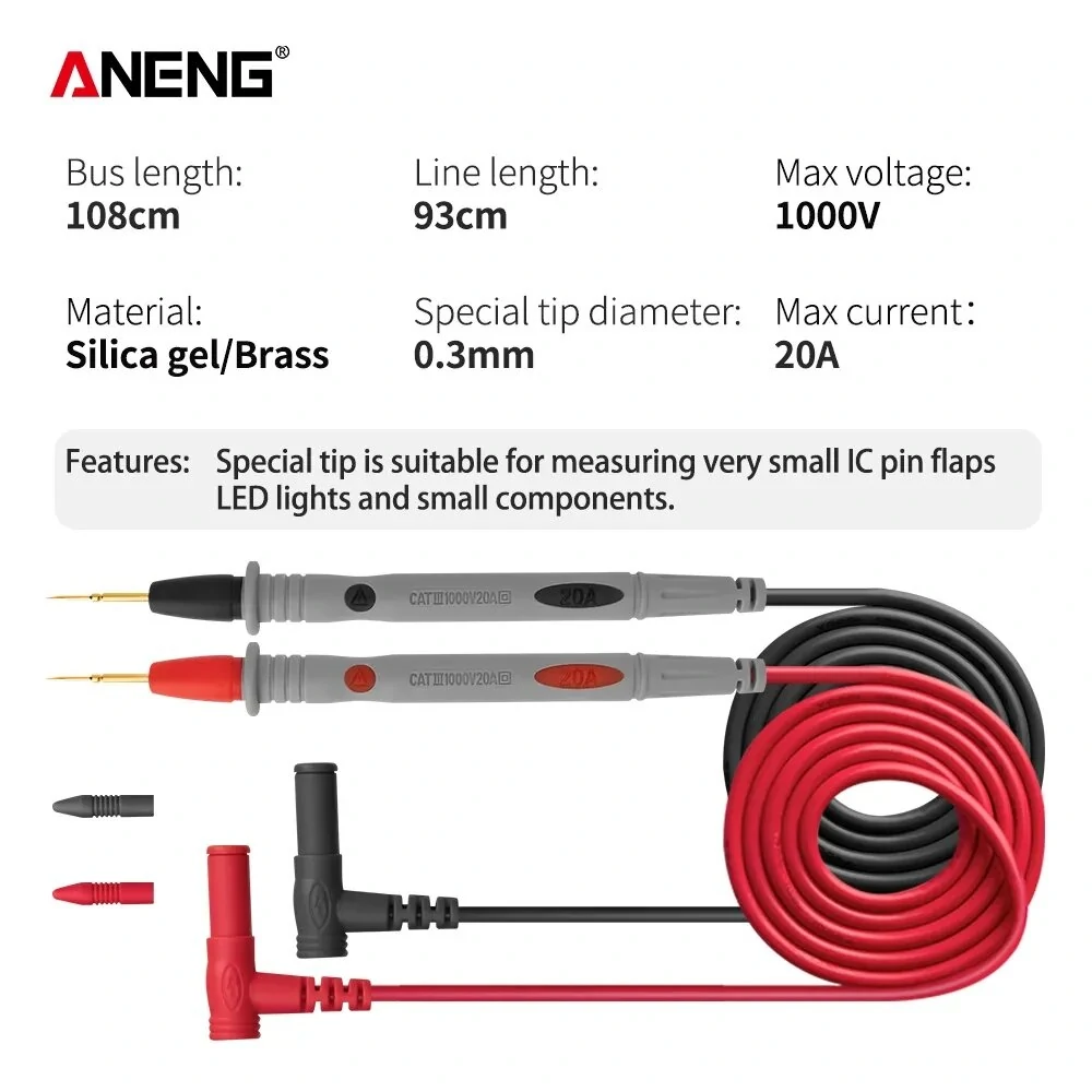 (image for) ANENG PT1031 20A 1000V Slicon Rubber Delay Wire Gold Plated Sharp Probe Needles Digital Multi Meter Test Lead