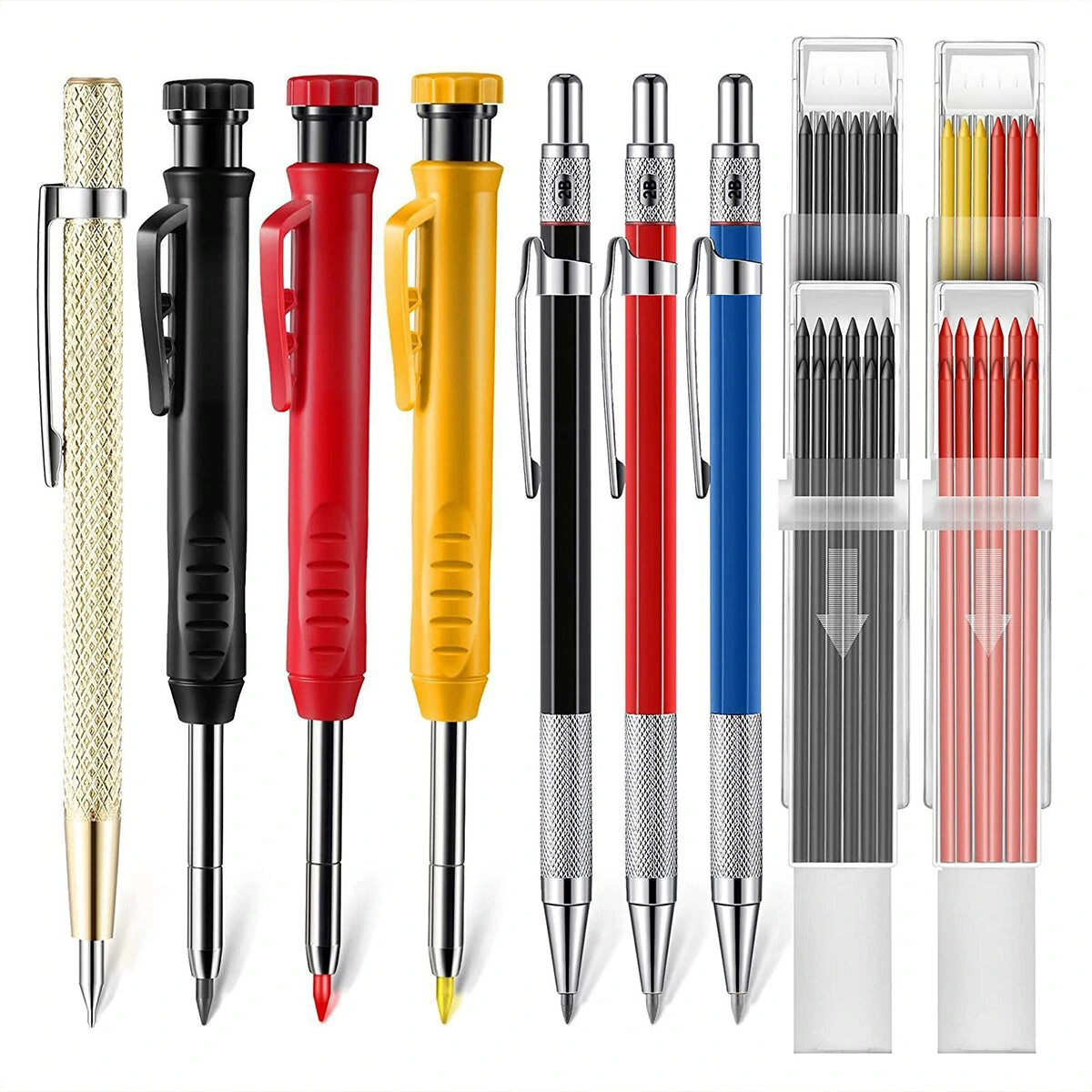 (image for) Carpenter Pencil Set with Deep Hole Marker Built-in Sharpener and Carbide Scribe Marking Tool for Woodworking Marking Mechanical Pencils with Multi-Color Refills