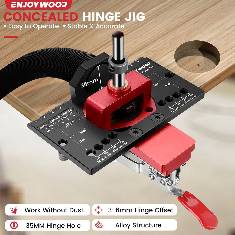 (image for) ENJOYWOOD Concealed Hinge Jig with Quick Clip and Dust Vacuum Adapter Concealed Door Hinge Jig 35mm Cabinet Hinge Jig Hinge Hole Drilling Jig for Woodworking Door Cabinet Hinges Mounting Tool