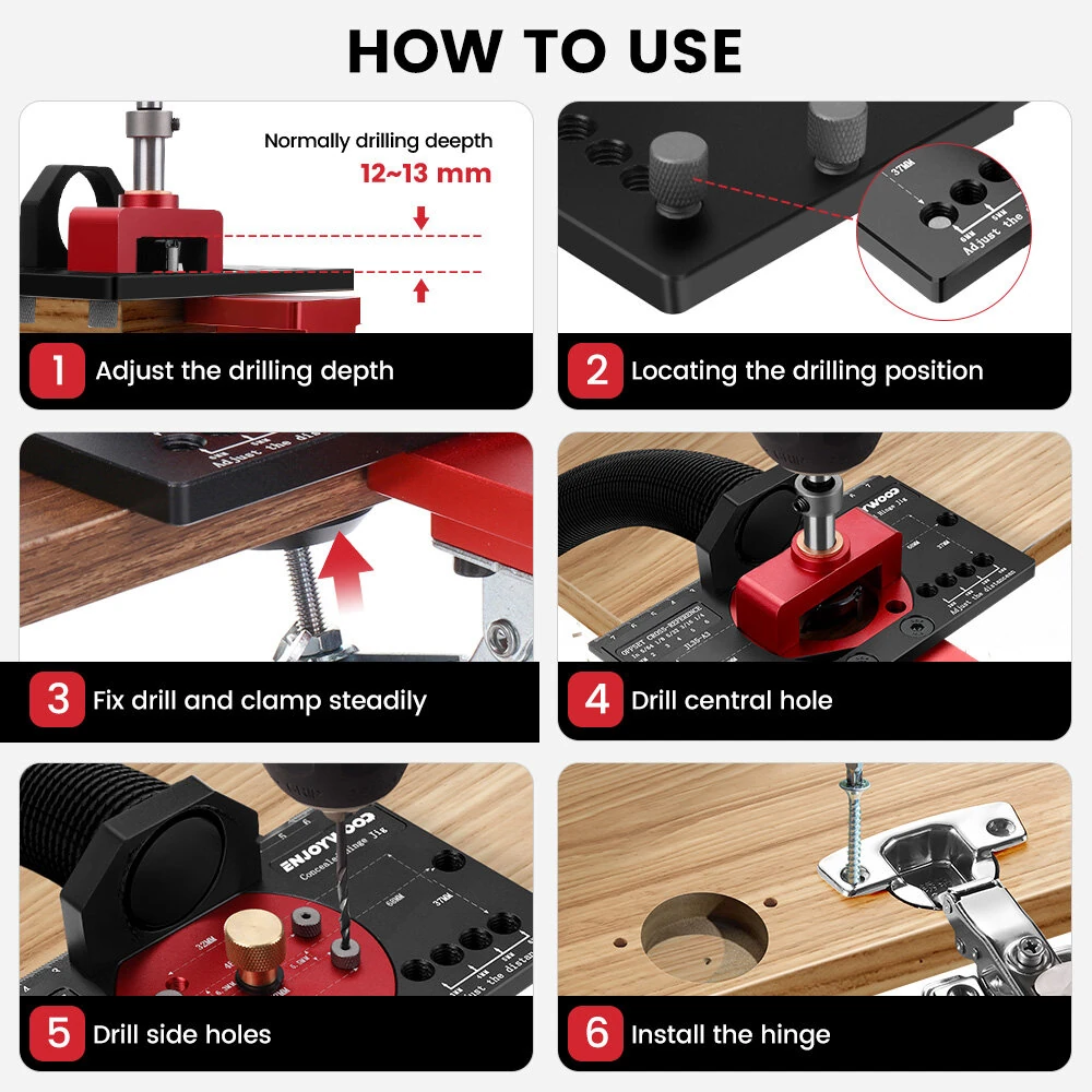 (image for) ENJOYWOOD Concealed Hinge Jig with Quick Clip and Dust Vacuum Adapter Concealed Door Hinge Jig 35mm Cabinet Hinge Jig Hinge Hole Drilling Jig for Woodworking Door Cabinet Hinges Mounting Tool