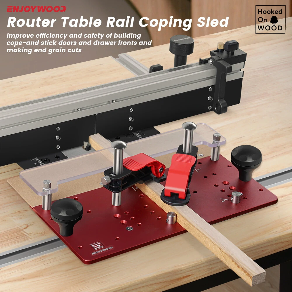 (image for) ENJOYWOOD Hooked On Wood Precision Router Table Rail Coping Sled Woodworking Professional Rail Guide Safety Coping Sled for Cabinet Door Joints / Drawer Fronts