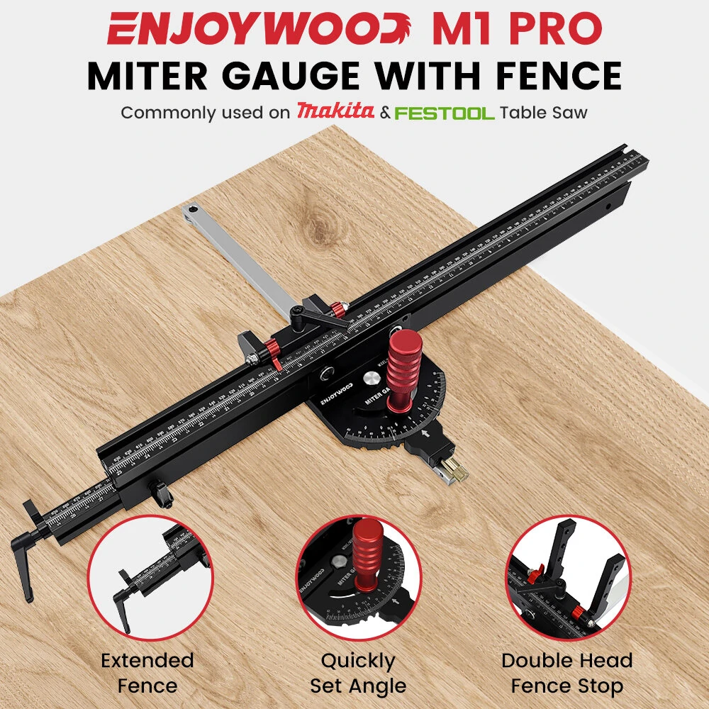 (image for) ENJOYWOOD Woodworking M1 Pro Angle Miter Gauge with Extended Fence for Table Saw Router Table Precision Angle Setting Gauge for Wood Cutting Sawing