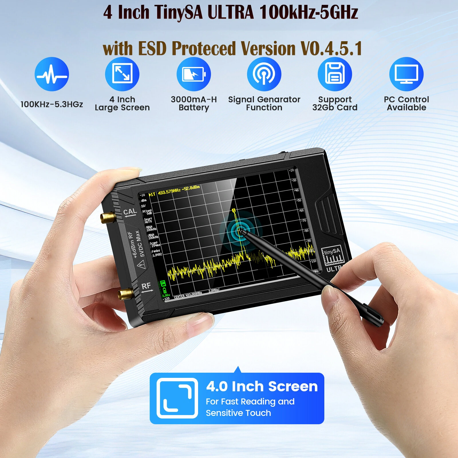 (image for) Handheld 4" Display Tiny Spectrum Analyzer TinySA ULTRA 100kHz to 5.3GHz with 32GB Card Version V0.4.5.1