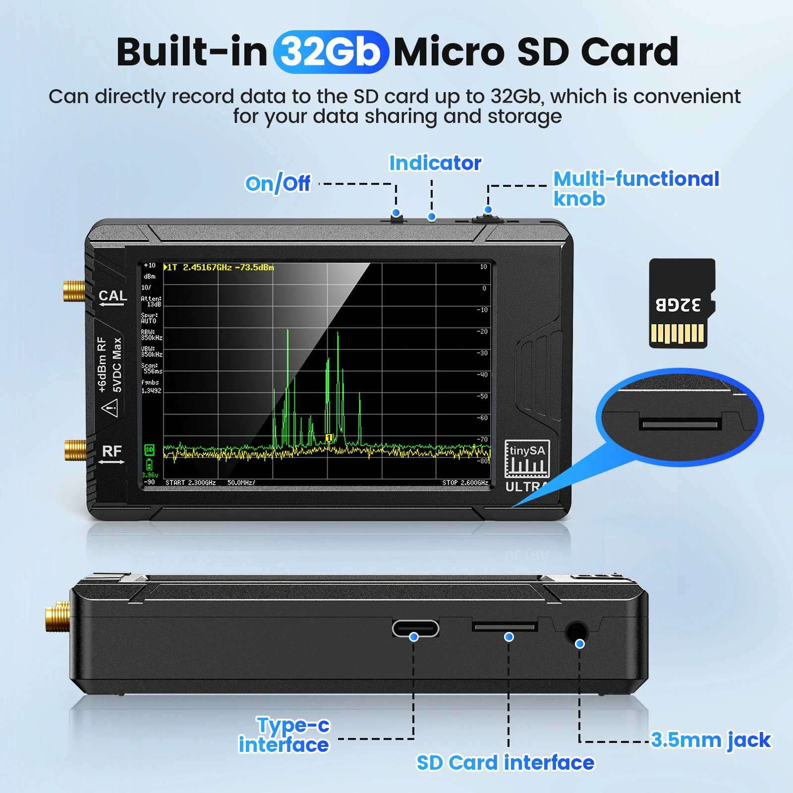 (image for) Handheld 4" Display Tiny Spectrum Analyzer TinySA ULTRA 100kHz to 5.3GHz with 32GB Card Version V0.4.5.1